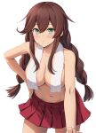  1girl braid breasts brown_hair closed_mouth commentary_request cowboy_shot green_eyes hair_between_eyes hand_on_own_hip highres ichikawa_feesu kantai_collection large_breasts leaning_forward light_blush long_hair looking_at_viewer low_twin_braids miniskirt navel noshiro_(kancolle) pleated_skirt red_skirt simple_background skirt solo topless towel twin_braids very_long_hair white_background 