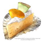  cake copyright_notice dessert email_address food food_focus fruit highres melon melon_slice no_humans original simple_background still_life uroyama_(macrophage) whipped_cream white_background 