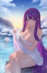  2girls ^_^ bare_arms bare_shoulders blue_sky breasts bright_pupils cleavage closed_eyes cloud commentary crescent_moon crossed_legs feet_out_of_frame fern_(sousou_no_frieren) frieren highres large_breasts looking_at_viewer moon multiple_girls naked_towel outdoors pointy_ears purple_eyes purple_hair sitting siun sky snow sousou_no_frieren thighs towel twintails water white_hair 