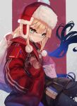  1boy blonde_hair blue_hair captain_nemo_(fate) closed_mouth fate/grand_order fate_(series) green_eyes hands_in_pockets hat holding holding_sack jacket long_hair long_sleeves looking_at_viewer m0_chi multicolored_hair nemo_(fate) nemo_(santa)_(fate) red_jacket sack shorts snow solo 