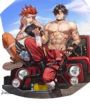  2boys absurdres alchemy_stars anjingkuxiao bandaged_arm bandages bandaid bandaid_on_cheek bandaid_on_face bara blue_sky cloud cloudy_sky commentary eyepatch facial_hair highres looking_at_viewer male_focus multicolored_hair multiple_boys multiple_scars on_vehicle one_eye_covered roy_(alchemy_stars) scar scar_on_arm scar_on_chest signature sinsa_(alchemy_stars) sky stubble symbol-only_commentary topless_male 