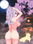  1girl armpits arms_up ass back blush breasts bunching_hair cherry_blossoms completely_nude cowboy_shot from_behind full_moon grey_hair hand_in_own_hair hands_in_hair highres holding holding_hair hothot148 idolmaster idolmaster_(classic) large_breasts long_hair looking_at_viewer looking_back moon night night_sky nipples nude onsen outdoors pixel_art ponytail purple_eyes rock shijou_takane sideboob sky solo tree water 