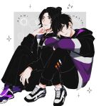  2boys a3! black_hair black_pants blue_eyes commentary crossed_arms crossed_legs english_commentary hair_between_eyes hair_bun hand_on_own_chin highres hood hoodie izumida_azami male_focus mole mole_under_mouth multiple_boys oratoza pants purple_eyes shoes short_hair simple_background sneakers star_(symbol) usui_masumi 