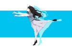  1girl absurdres belt belt_buckle black_hair blue_background buckle closed_mouth dancing from_side highres inoue_takina leg_up long_hair long_skirt lycoris_recoil meme misskiwi outstretched_arms sakana~_(meme) short_sleeves silhouette skirt smile socks solo striped striped_background wedge_heels white_background 