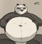 2023 anthro bear belly big_belly black_and_white_fur claws dreamworks fur giant_panda half-length_portrait hands_on_belly hi_res kaiipwilde_(artist) kung_fu_panda looking_down_at_stomach low-angle_view male mammal master_po_ping mouth_closed navel nude obese obese_anthro obese_male overweight overweight_anthro overweight_male portrait signature smile solo
