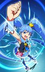  :d arm_up armpits black_legwear blue_background blue_eyes blue_hair blue_skirt brooch clenched_hands crown cure_princess earrings full_body happinesscharge_precure! highres jewelry long_hair magical_girl mini_crown necktie open_mouth precure raised_fist shirayuki_hime shoes sidelocks skirt smile solo standing thighhighs twintails uganda wrist_cuffs 