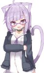  1girl :d absurdres ahoge animal_ear_fluff animal_ears black_collar black_jacket blush breasts cat_ears cat_girl cat_tail cleavage collar collarbone collared_shirt commentary_request dress_shirt fang glasses highres hololive jacket long_sleeves looking_at_viewer medium_breasts neck_ribbon nekomata_okayu nekomata_okayu_(4th_costume) official_alternate_costume open_clothes open_jacket puffy_long_sleeves puffy_sleeves purple-tinted_eyewear purple_eyes purple_hair purple_ribbon ribbon shirt simple_background smile solo tail tinted_eyewear umberblack virtual_youtuber white_background white_shirt 