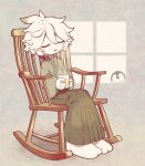  1boy barefoot bird blush chair closed_eyes coffee_mug collar colored_skin comfy commission cup funamusea funamusea_(artist) highres holding holding_cup ice_scream japanese_clothes male_focus messy_hair mug open_mouth penguin rocking_chair sitting skeb_commission smile solo stalking white_hair white_skin window yukisada 