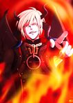  asymmetrical_horns azazel_(shingeki_no_bahamut) black_wings chain fingerless_gloves fire gloves highres horns male_focus mari_(marimaripink) shingeki_no_bahamut smile solo white_hair wings 