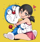  1girl :3 :d bare_shoulders bell black_eyes black_hair blush cheek-to-cheek cheek_press clenched_teeth doraemon doraemon_(character) flying_sweatdrops hair_tie half-closed_eyes heart hug jingle_bell long_hair looking_at_viewer low_ponytail microskirt minamoto_shizuka motion_lines open_mouth pink_skirt pop_kyun simple_background sitting skirt sleeveless smile sweat teeth trembling twintails whiskers yellow_background 