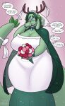 anthro antlers big_breasts bodily_fluids bouquet breasts clothed clothing cobatsart crying dragon dress female flower flower_bouquet fully_clothed happy hi_res horn huge_breasts looking_away maple_(cobat) overweight plant ribbons solo tears thick_thighs wedding wedding_dress wide_hips