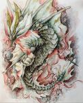  amatsumagatsuchi claws cloud dragon eastern_dragon fins flying full_body highres horns looking_to_the_side minori_0518 monster monster_hunter_(series) no_humans painting_(medium) scales tail traditional_media watercolor_(medium) whiskers 