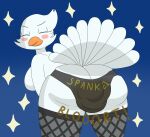 2018 anthro avian beak big_butt bird blue_background blush breasts butt clothing columbid domestic_pigeon eyes_closed fancy_pigeon fantail_pigeon feathers feces female fishnet fishnet_legwear fishnet_tights legwear lingerie_panties looking_back nyxiettenyxstar orange_beak panties pigeon pooping scat side_boob simple_background snow_(nyxiette) soiled_panties soiling solo star stockings underwear white_body white_feathers