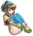  1girl belt blue_thighhighs brown_capelet brown_eyes brown_hair capelet closed_mouth dress elbow_gloves gloves green_dress green_footwear green_gloves high_ponytail kate_(shining_force) looking_at_viewer panties pantyshot pointy_ears shining_(series) shining_force_iii shoes short_dress short_hair simple_background sitting smile solo thighhighs umehime underwear white_background white_panties 