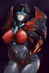 1girl autobot blue_eyes breasts english_commentary hand_on_own_hip highres humanoid_robot large_breasts mecha mechanical_wings panties red_panties robot robot_girl solo spikyart transformers underwear windblade wings 