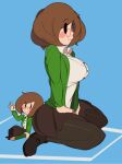  2girls arm_up black_skirt blush bob_cut breasts brown_hair buttons captain_kirb cardigan chibi collared_shirt from_side glasses green_cardigan hand_up hands_on_own_thighs highres holding holding_pencil kneeling long_sleeves looking_to_the_side multiple_girls nikki_(swapnote) nintendo ok_sign pantyhose parted_bangs pencil red-framed_eyewear shirt short_hair simple_background skirt smile solid_eyes solid_oval_eyes solo swapnote taut_clothes taut_shirt white_shirt 