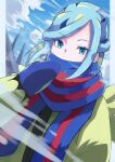  1boy blue_mittens blue_scarf cloud day dusk_poke27 eyelashes grusha_(pokemon) hand_up highres jacket long_hair long_sleeves looking_at_viewer male_focus mittens mixed-language_commentary outdoors pokemon pokemon_sv scarf scarf_over_mouth signature sky solo upper_body yellow_jacket 