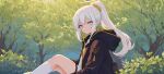  1girl ai-generated aqua_eyes forest grey_hair halo highres hood hood_down hooded_jacket hoodie jacket long_hair looking_at_viewer nature open_clothes open_jacket original ponytail shirt sitting socks solo tree vestar. white_hair white_shirt 