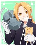  1boy alphonse_elric animal black_jacket black_shirt blonde_hair braid cat commentary_request edward_elric fullmetal_alchemist gloves green_background grin helmet highres holding holding_animal holding_helmet jacket kusumoto_shizuru long_hair male_focus orange_eyes parted_bangs shirt single_braid smile two-tone_background upper_body white_background white_gloves 