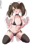 1girl animal_hands bare_shoulders bikini black_bikini black_choker black_eyes black_thighhighs blush brown_hair choker collarbone ebifurya flat_chest full_body gloves hair_between_eyes hands_up hashtag_only_commentary highres kantai_collection kneeling looking_at_viewer navel open_mouth parted_bangs paw_gloves paw_shoes ribs ryuujou_(kancolle) side-tie_bikini_bottom simple_background smile solo stomach swimsuit thighhighs twintails twitter_username white_background 