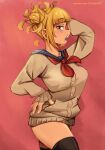  1girl absurdres arm_up black_thighhighs blonde_hair blunt_bangs blush boku_no_hero_academia breasts brown_sweater dashi_(dashiart) double_bun hair_bun hand_on_own_hip highres large_breasts messy_hair neckerchief open_mouth red_background red_neckerchief shiny_skin sideways_glance simple_background solo sweater teeth thighhighs toga_himiko web_address 