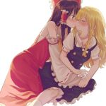  2girls ascot black_dress black_hair blonde_hair blush bow braid brown_eyes buttons closed_eyes closed_mouth collared_shirt detached_sleeves dress frilled_dress frilled_hair_tubes frills hair_bow hair_tubes hakurei_reimu imminent_kiss inuko_(ink0425) kirisame_marisa light_particles long_hair long_sleeves multiple_girls profile puffy_short_sleeves puffy_sleeves red_skirt red_vest ribbon-trimmed_sleeves ribbon_trim shirt short_sleeves simple_background single_bare_shoulder sitting skirt socks sweatdrop touhou vest white_background white_bow white_shirt white_sleeves white_socks wide_sleeves yellow_ascot yuri 