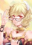  1girl blonde_hair book brown_dress citrinne_(fire_emblem) commentary_request dress earrings ebi_puri_(ebi-ebi) feathers fire_emblem fire_emblem_engage glasses gold_choker gold_trim holding holding_book hoop_earrings jewelry leather_wrist_straps mismatched_earrings red_eyes solo wing_hair_ornament 