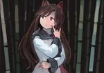  \m/ animal_ears bad_id bad_twitter_id bamboo bamboo_forest brown_hair dress fingernails forest ichiba_youichi imaizumi_kagerou jewelry long_fingernails long_hair long_sleeves nail_polish nature red_eyes solo touhou wide_sleeves wolf_ears 