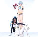  2girls absurdres armband armlet arms_behind_back ayanami_rei ayanami_rei_(cosplay) belly_chain bikini black_hair blue_eyes blue_hair bodysuit breasts closed_mouth commentary cosplay costume_switch cross crossover crucifixion dark-skinned_female dark_skin double-parted_bangs english_commentary expressionless full_body hair_bobbles hair_ornament hand_on_own_knee highres interface_headset jewelry knee_up light_blue_hair long_hair looking_at_viewer medium_breasts multicolored_hair multiple_girls navel necklace neon_genesis_evangelion nessa_(pokemon) nessa_(pokemon)_(cosplay) pendant plugsuit pokemon pokemon_swsh red_eyes reflection short_hair sidelocks simple_background sitting skin_tight small_breasts smile spread_legs standing stomach swimsuit tankini two-tone_hair water water_drop white_background white_bikini white_bodysuit wonbin_lee 