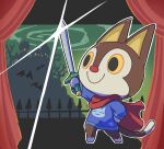  1boy animal_crossing animal_print arm_up bare_tree bat_(animal) blue_shirt cape castle cat_boy cat_print closed_mouth commentary_request curtains fence furry furry_male glint green_sky hand_on_own_hip highres holding holding_sword holding_weapon kopa_nishikida long_sleeves male_focus red_cape rudy_(animal_crossing) shirt silhouette sky smile solo standing sword tree weapon yellow_eyes 