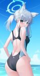  1girl absurdres animal_ear_fluff animal_ears ass black_one-piece_swimsuit blue_archive blue_eyes blue_sky cloud competition_swimsuit covered_navel cross_hair_ornament day extra_ears grey_hair hair_ornament halo highres horizon looking_at_viewer looking_back low_ponytail lunar_(pixiv53683306) medium_hair mismatched_pupils multicolored_clothes multicolored_swimsuit ocean official_alternate_costume one-piece_swimsuit outdoors shiroko_(blue_archive) shiroko_(swimsuit)_(blue_archive) sky solo swimsuit wolf_ears 
