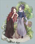  atea black_hair blue_eyes broom brown_hair hakama hand_on_hip japanese_clothes kashuu_kiyomitsu leaf male_focus mole mole_under_eye mole_under_mouth multiple_boys nail_polish open_mouth outdoors red_eyes red_nails red_scarf sandals scarf simple_background standing stone_lantern tabi touken_ranbu tree white_scarf yamato-no-kami_yasusada zouri 