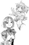  2girls ahoge bodysuit breasts fate/grand_order fate/samurai_remnant fate_(series) fujimaru_ritsuka_(female) fujimaru_ritsuka_(female)_(chaldea_combat_uniform) greyscale hair_ornament hair_scrunchie highres looking_at_viewer medium_breasts minamoto_no_raikou_(fate) monochrome multiple_girls one_side_up parted_bangs parted_lips rider_(fate/samurai_remnant) scrunchie short_hair sketch smile uni_(nico02) 