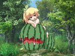  1girl blonde_hair food fruit hair_ornament leaf mon-musu_quest! mon-musu_quest:_paradox monster_girl nude red_eyes vines watermelon watermelon_girl 