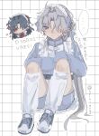  ... 2boys alternate_costume apron black_hair blade_(honkai:_star_rail) blue_jacket blue_ribbon blue_shorts blush bow bowtie chibi chibi_inset closed_mouth commentary_request crossdressing dual_persona frills full_body grey_hair grid_background hair_ribbon honkai:_star_rail honkai_(series) jacket jersey_maid kneehighs knees_up long_hair loose_socks maid maid_apron maid_headdress male_focus male_maid multiple_boys nervous_smile one_eye_covered portrait purple_eyes red_bow red_bowtie red_eyes ribbon romaji_text scla_mogu shoes shorts simple_background sitting sleeves_past_elbows smile sneakers socks spoken_ellipsis sweat track_jacket translation_request unconventional_maid very_long_hair white_bow white_bowtie white_socks yingxing_(honkai:_star_rail) 