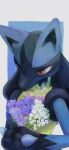  1boy absurdres animal_ears animal_hands black_fur blue_background blue_fur body_fur border butter_(oshi8kyoumoh) commentary_request flower furry furry_male grey_border hands_up highres holding holding_flower lucario male_focus multicolored_fur outside_border own_hands_together partial_commentary pokemon pokemon_(creature) purple_flower red_eyes simple_background snout solo spikes standing upper_body white_flower wolf_boy wolf_ears yellow_fur 