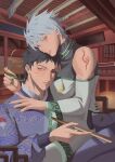  2boys architecture black_hair building chinese_clothes chinese_commentary dress east_asian_architecture expressionless green_dress green_nails grey_hair hair_between_eyes hand_fan hand_on_another&#039;s_shoulder hatake_kakashi heterochromia highres holding holding_fan holding_removed_eyewear looking_at_viewer looking_to_the_side male_focus multiple_boys naruto_(series) naruto_shippuuden pain_losing parted_lips patterned_clothing purple_robe rinnegan robe scar scar_across_eye scar_on_face sharingan short_hair shoulder_tattoo sitting sitting_on_lap sitting_on_person tassel tattoo turtleneck uchiha_obito uchiha_symbol unworn_eyewear very_short_hair wave_print yaoi 