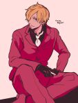  1boy black_gloves black_shirt blonde_hair cigarette commentary_request crossed_legs curly_eyebrows curly_hair facial_hair gloves goatee hair_over_one_eye hatch_(8cco) looking_at_viewer male_focus necktie one_piece pants red_pants red_suit sanji_(one_piece) shirt short_hair simple_background sitting smile solo suit white_necktie 