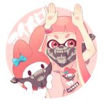  1girl arms_up bandana cropped_torso crossover inkling inkling_girl kusumoto_shizuru long_hair looking_at_viewer my_melody onegai_my_melody pink_background pink_hair pink_shirt red_eyes sanrio shirt short_eyebrows short_sleeves splatoon_(series) splatoon_2 tentacle_hair thick_eyebrows translation_request two-tone_background upper_body v-shaped_eyebrows very_long_hair white_background 