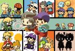  6+boys alternate_color arm_up arms_up baseball_cap black_bow black_bowtie black_hair blonde_hair blue_headwear blue_shorts blush_stickers bow bowl_cut bowtie brown_bag brown_shorts burnt casting_spell charizard checkered_clothes checkered_shirt claus_(mother_3) claus_(mother_3)_(cosplay) cosplay crown dog_(duck_hunt) dress duck_hunt ducking facial_hair freckles glasses green_headwear green_jacket green_pants grey_hair grin hands_on_own_head hands_on_own_hips hat hitofutarai index_finger_raised jacket jeff_andonuts kirby kirby_(series) lucas_(mother_3) luigi mario_(series) masked_man_(mother_3) midriff_peek mini_person miniboy mother_(game) mother_2 mother_3 multiple_boys mustache ness_(mother_2) open_mouth orange_dress outline overalls pants player_2 pokemon pokemon_(creature) princess_peach purple_footwear purple_headwear purple_shorts purple_socks raglan_sleeves red_shorts rocket running sharp_teeth shirt shorts sideways_hat smile socks solid_oval_eyes squiggle striped_clothes striped_shirt super_mushroom super_smash_bros. teeth waving white_headwear white_outline white_shirt white_socks yoshi 