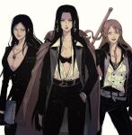  3girls belt black_gloves black_jacket black_pants boa_hancock book bra breasts cleavage coat coat_on_shoulders commentary cowboy_shot earrings gloves hand_in_pocket highres holding holding_book holding_weapon jacket jewelry laulaubi long_hair looking_at_viewer multiple_girls nami_(one_piece) necklace nico_robin one_piece open_clothes open_shirt pants shirt sidelocks simple_background smile striped_clothes suit symbol-only_commentary underwear vertical-striped_clothes waistcoat weapon white_background white_shirt 