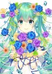  1girl blue_eyes blue_flower blue_ribbon blue_rose bouquet closed_mouth commentary_request dress flower gradient_background green_hair grey_background hair_between_eyes hair_flower hair_ornament hatsune_miku highres kusumoto_shizuru long_hair looking_at_viewer purple_flower purple_rose ribbon rose smile solo twintails very_long_hair vocaloid water_drop white_background white_dress yellow_flower 