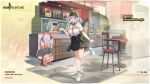  1girl ;d apron black_apron black_skirt blush booth_seating breasts burger cash_register ceiling_light chair character_cutout character_name coffee_maker collared_shirt commentary copyright_name counter employee_uniform english_commentary english_text fast_food fast_food_uniform fingernails flyer food full_body girls&#039;_frontline green_bag green_headwear green_socks gun highres holding_flyer large_breasts looking_at_viewer menu_board napkin official_alternate_costume official_art one_eye_closed restaurant second-party_source shadow shirt short_sleeves shotgun skirt smile socks soda_fountain solo spas-12_(girls&#039;_frontline) spas-15 spas-15_(girls&#039;_frontline) spas-15_(miss_pittsburgh)_(girls&#039;_frontline) standing standing_on_one_leg table teeth tile_floor tiles u_jie uniform upper_teeth_only visor_cap waist_apron watch weapon white_footwear white_shirt wristwatch 