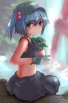  bare_shoulders blue_hair crop_top cucumber food forest from_behind gloves green_eyes hat highres kawashiro_nitori looking_at_viewer looking_back midriff mkcrf nature pants rock short_hair sitting sitting_on_object sitting_on_rock solo tank_top touhou two_side_up water waterfall 
