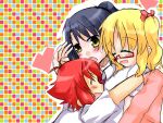  3girls heart kanbara_satomi multicolored_background multiple_girls muma_(meganeltuko) saki senoo_kaori tiles yellow_eyes 