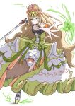  1girl bare_shoulders blonde_hair bow butterfly_hair_ornament celine_(fire_emblem) clothing_cutout crown detached_sleeves dress fire_emblem fire_emblem_engage flower frilled_dress frills full_body green_bow green_eyes hair_ornament highres holding holding_sword holding_weapon kazami_doriru long_dress long_hair looking_at_viewer open_mouth orange_bow outstretched_hand ribbon solo sword very_long_hair weapon white_background 