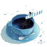  1other absurdres astronaut bag blue_theme cup fish from_above from_side helmet highres kazunoko_(kazunoko_zunoco) original pouring radio_antenna saucer simple_background sitting sky solo space space_helmet spoon star_(sky) starry_sky sugar_(food) surreal teacup 