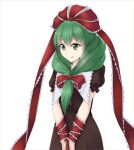  1girl arm_ribbon bow brown_dress dress frilled_bow frilled_ribbon frills front_ponytail green_eyes green_hair hair_bow hair_ribbon kagiyama_hina long_ribbon puem puffy_short_sleeves puffy_sleeves ribbon short_sleeves simple_background smile solo touhou upper_body white_background 