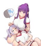  2girls breasts commentary english_commentary fern_(sousou_no_frieren) frieren green_eyes gym_uniform jk_arts lap_pillow large_breasts long_hair looking_up medium_breasts medium_hair multiple_girls pointy_ears purple_eyes purple_hair simple_background sousou_no_frieren sportswear white_background 