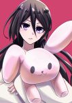  1girl black_hair bleach bleach:_epilogue bow closed_mouth commentary_request hair_between_eyes haori highres holding holding_stuffed_toy japanese_clothes kuchiki_rukia light_smile long_hair long_sleeves looking_at_viewer pink_bow purple_eyes simple_background solo spoilers stuffed_animal stuffed_rabbit stuffed_toy sumire_1046 wide_sleeves 